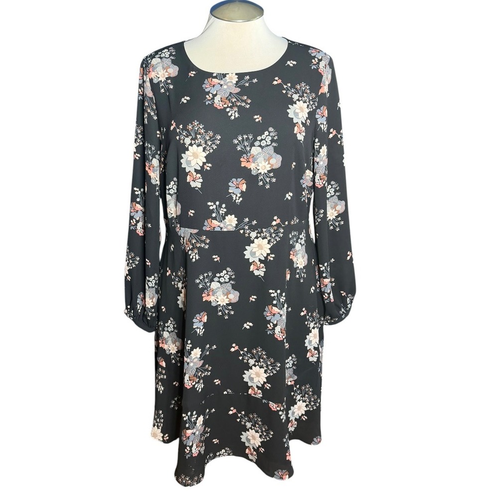 LOFT Plus Womens Black Floral Fit & Flare Long Sleeve Dress Size 16 485028
